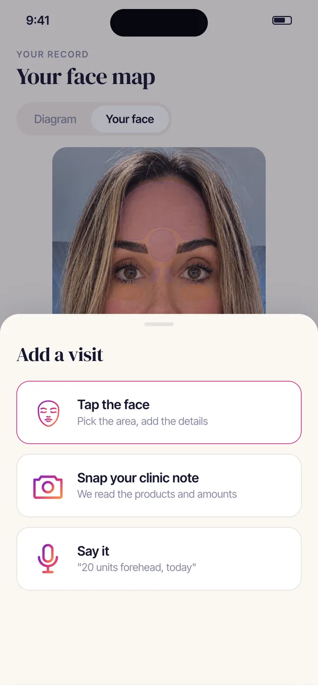 The Rinnova app's Add a visit options: tap the face, snap your clinic note, or say it, over the patient's face map.